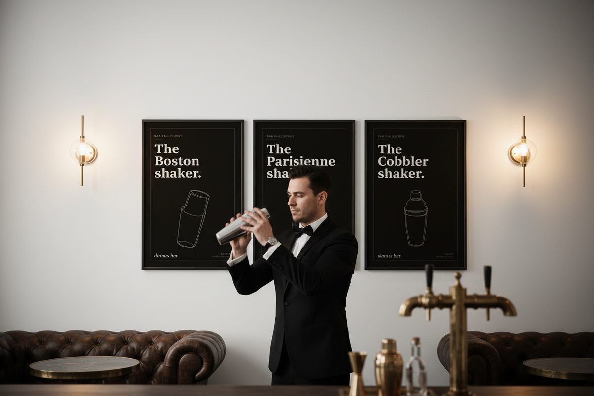 Bartender con poster Domus Bar